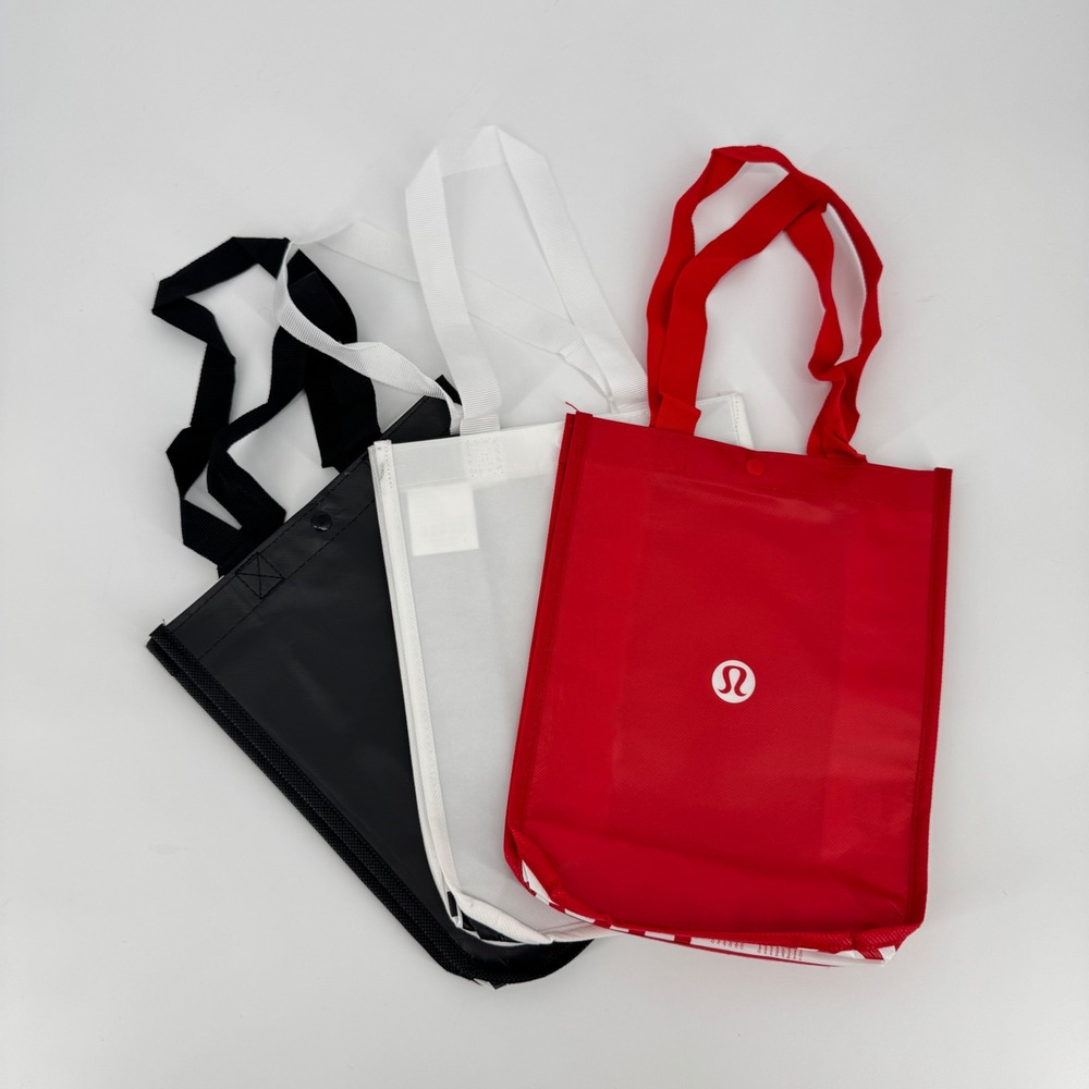 Lululemon Reusable Shopping Tote Bag Set of 3 Black White Red Small Snap Closure
